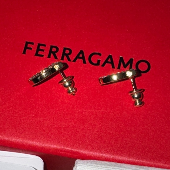 Salvatore Ferragamo Large Gancini Gold Tone Crystal Earrings - Picture 6 of 6